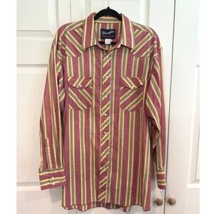 Vintage Wrangler Western Cowboy Shirt Mens Long Sleeve Striped Button Up Rodeo